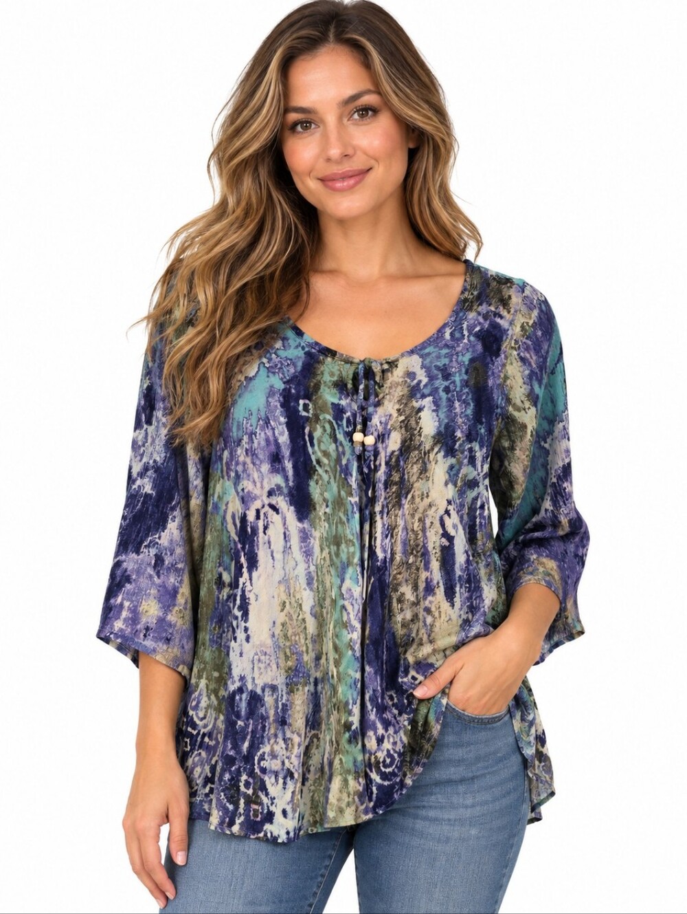 Papa Vancouver Boho Tunic Top Free Size Blue Green Purple 100% Rayon